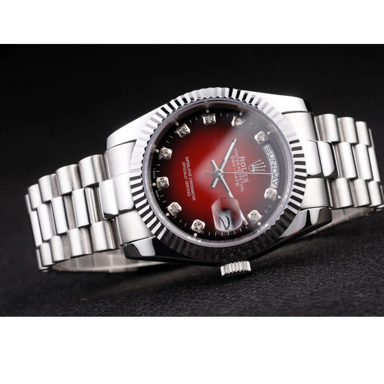 Aaa replica watch Steel Rolex Day-Date Tone Stainless Red Two Polished Dial 0724